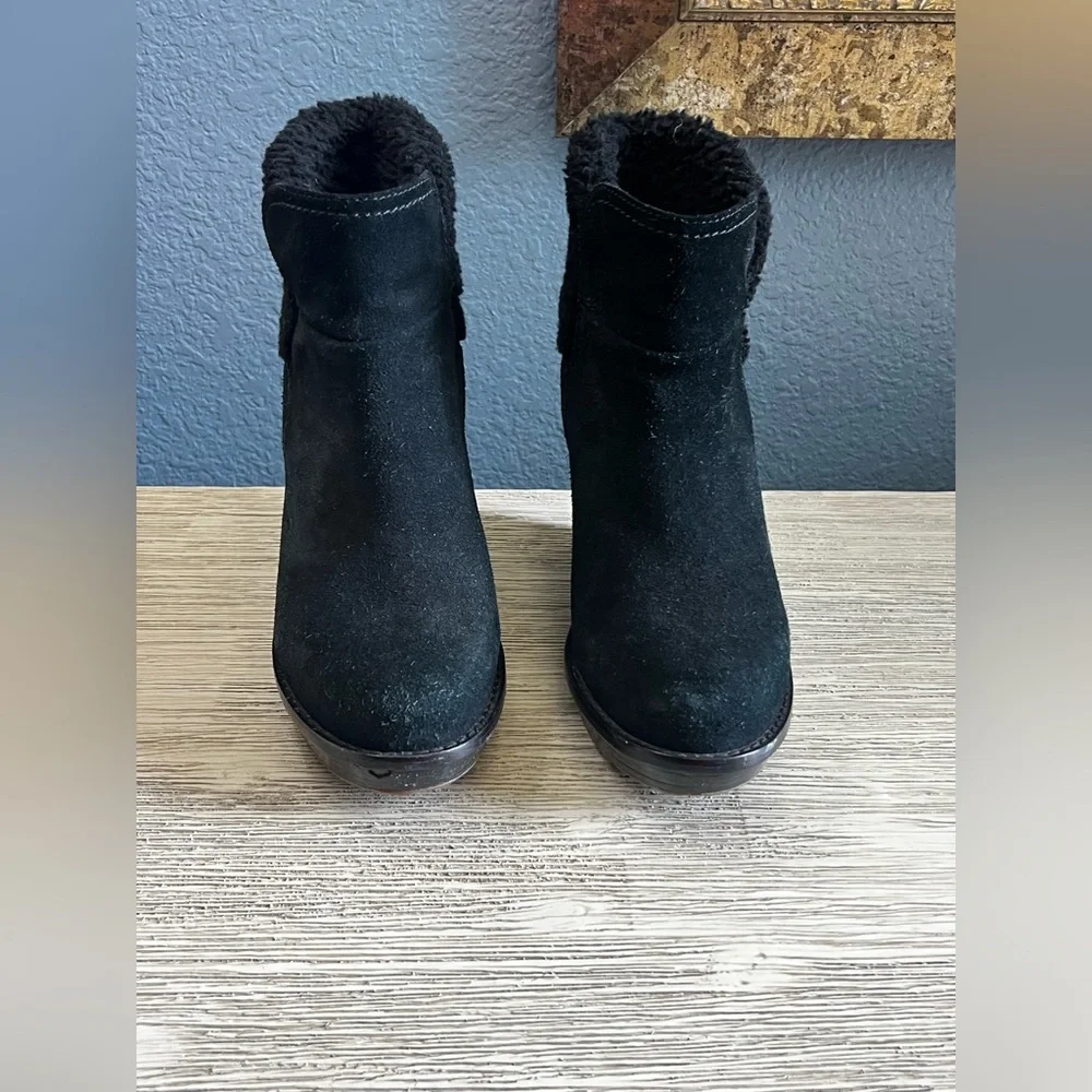 UGG Black Suede Wedge Ankle Booties with Shearling Trim
